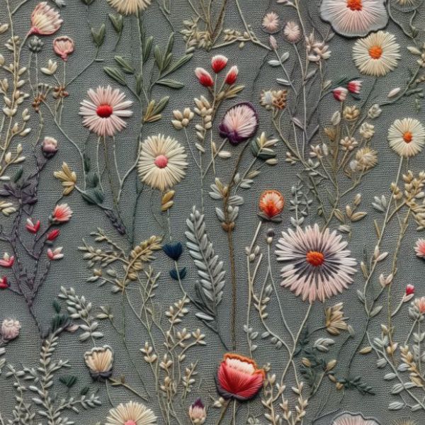 Panel patrón falda circular infantil de algodón premium imitación bordado flores de prado Antonia gris