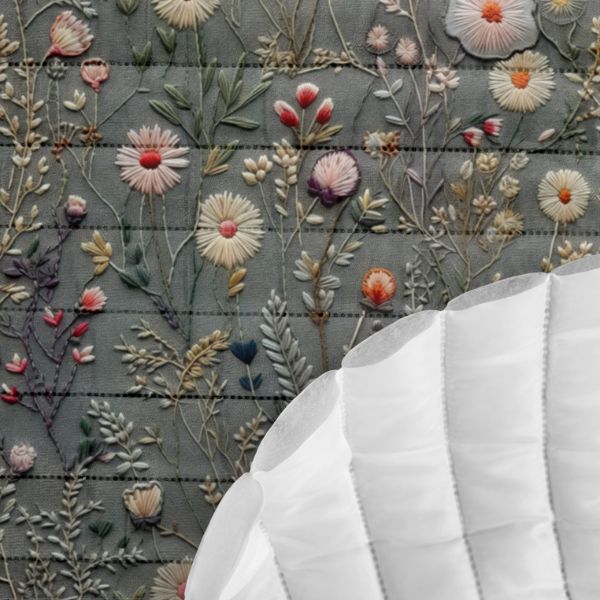 Tela de viscosa 150cm imitación bordado flores de prado Antonia gris