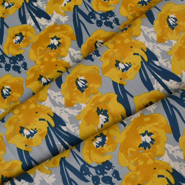 Popelín algodón Bibi gris - flor amarilla