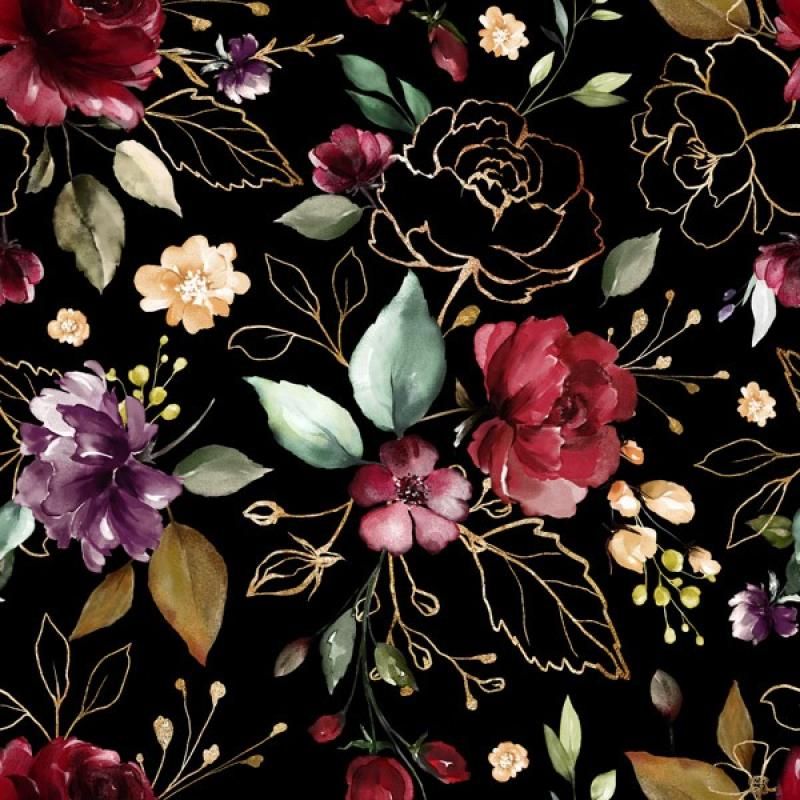 Panel patrón para chaqueta de softshell mujer talla 34 flores doradas negro
