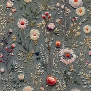 Tela de viscosa 150cm imitación bordado flores de prado Antonia gris