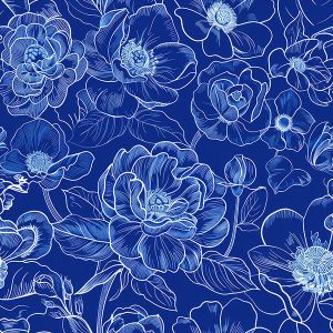 Seda sintética/silky stretch flores impresión azul