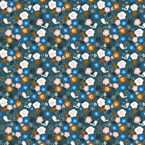 Tela para bañadores y ropa deportiva pajarito flores azul marino -patrón pequeño 