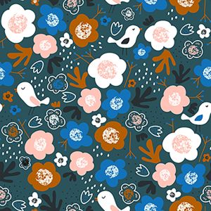 Popelín algodón pajarito flores azul marino