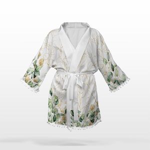 2ª calidad - Panel patrón kimono de chifón/silky talla L eucalipto blanco